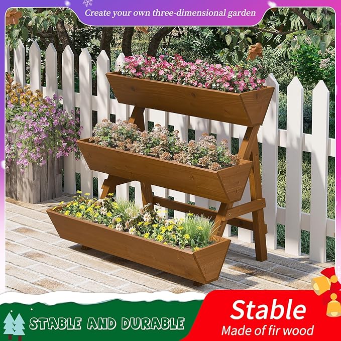 3-Tiers Wooden Raised Garden Bed,Wood Planter Box for Vegetable,Flower Rack,Flower Pot Stands,Indoor Outdoor Gardening Planting Beds (Brown, Large) Kitsanery