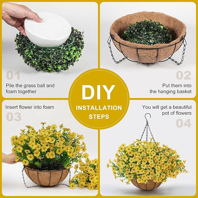Artificial Faux Hanging Mums Plants Flowers Basket for Outdoors Summer Autumn Decoration,Hanging Planters with Fake Silk Daisy UV Resistant Realistic for Outside Porch Patio Balcony Garden Home Yellow Tiabean