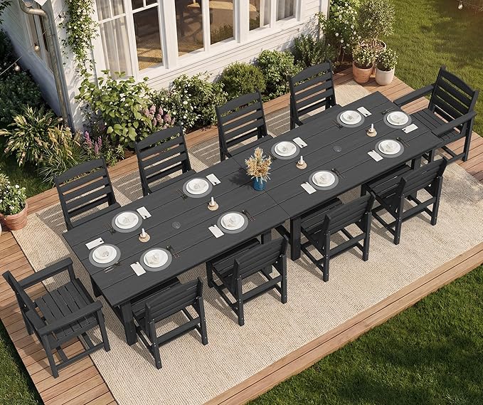 SERWALL Patio Dining Sets for 10 Person, HDPE Dining Set with 2 Tables, 8 Armless Chairs and 2 Armed Dining Chairs, Black SERWALL