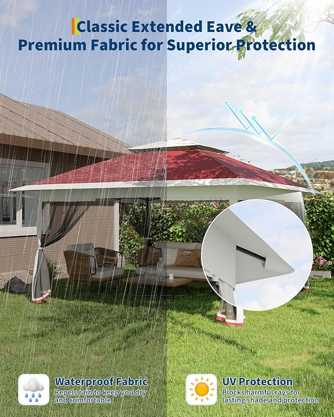 Canopy Tent 12x12 ft, Pop Up Gazebo One-Push Setup with 4 SandBags for Backyard Parties and BBQs, Mosquito Netting & Height Adjustable - Red GarveeLife