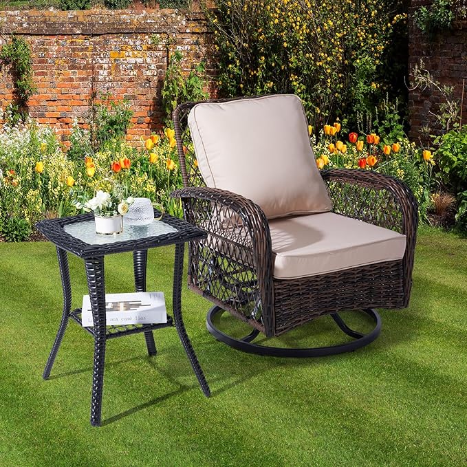VINGLI Outdoor Side Table with Storage Wicker Patio Side Table, Tempered Glass Top End Table for Balcony Porch Deck (Black) VINGLI