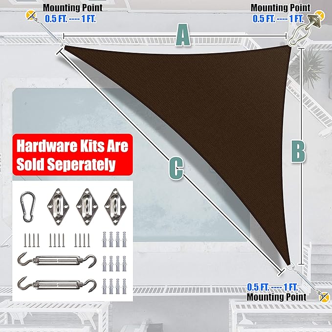 Amgo 12' x 12' x 17' Brown Right Triangle Sun Shade Sail UPF50+ Canopy Awning AGSLT, 95% UV Blockage, Water & Air Permeable, 200GSM Heavy Duty Commercial and Residential (We Make Custom Sizes) Amgo