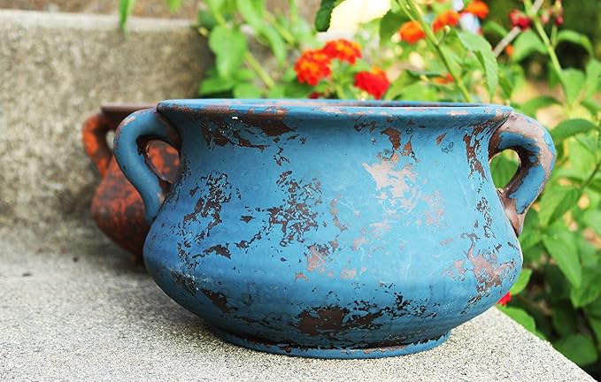 Egyptian Era Designed Earthen Ware Terra-Cotta Vessel/Planter with Looped Handles. Blue Goodman+and+Wife