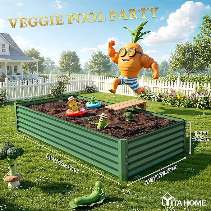 YITAHOME 8x4x1.5ft Large Raised Garden Bed Kit, Galvanized Metal Planter Box with Gloves, Ground Nails & Safety Rubber, Outdoor Above Ground Planters for Plants Vegetables Flowers, Green YITAHOME