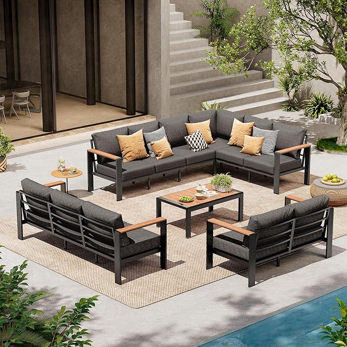 Aluminum Outdoor Patio Furniture Set 11 Seats, Outdoor Sectional Corner Sofa Set, Patio Conversation Sets with Washable Thick Cushions & Coffee Table for Porch, Yard, Garden, Deck, Graphite ComfCove