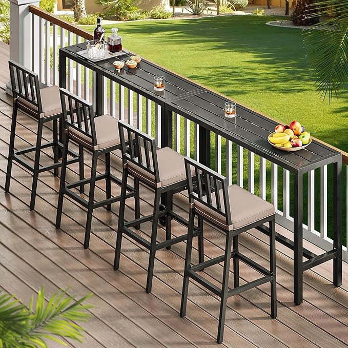 YITAHOME Outdoor Bar Stools Set of 2, Cushioned Metal Outdoor Bar Stools w/Vertical Stripe Back, All-Weather Patio Bar Stools for Balcony Backyard Porch Poolside YITAHOME