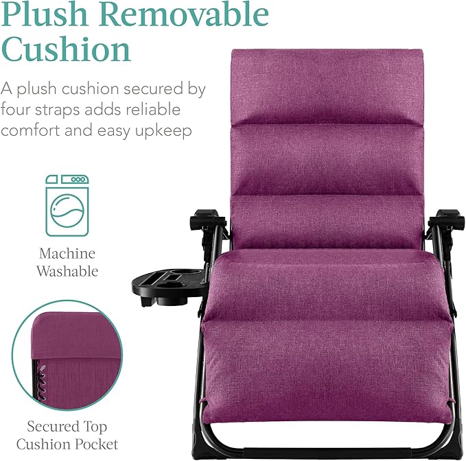 Best Choice Products Oversized Zero Gravity Chair, Folding Outdoor Patio Recliner, XL Anti Gravity Lounger w/Removable Cushion, Cup Holder, Side Tray, 350lb Capacity - Amethyst Purple BestChoiceProducts