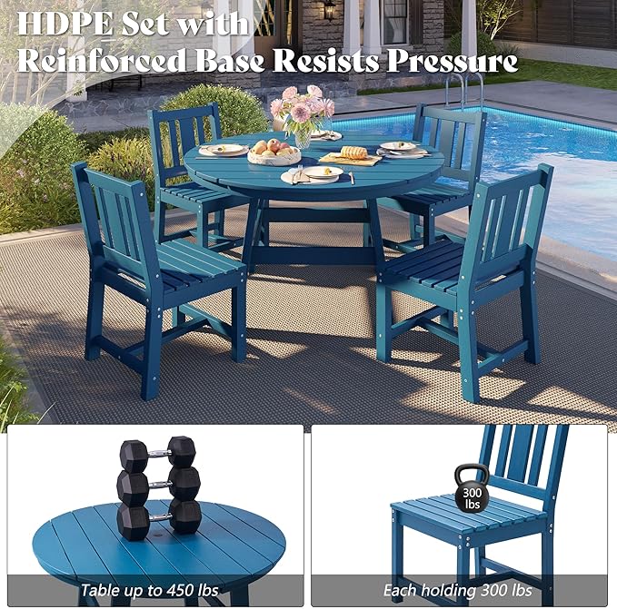 AMERLIFE 5 Piece HDPE Outdoor Dining Table & Chairs Set, All-Weather Patio Table and Chairs Set Furniture with Umbrella Hole for Garden, Backyard, Poolside, Seaside, Blue AMERLIFE