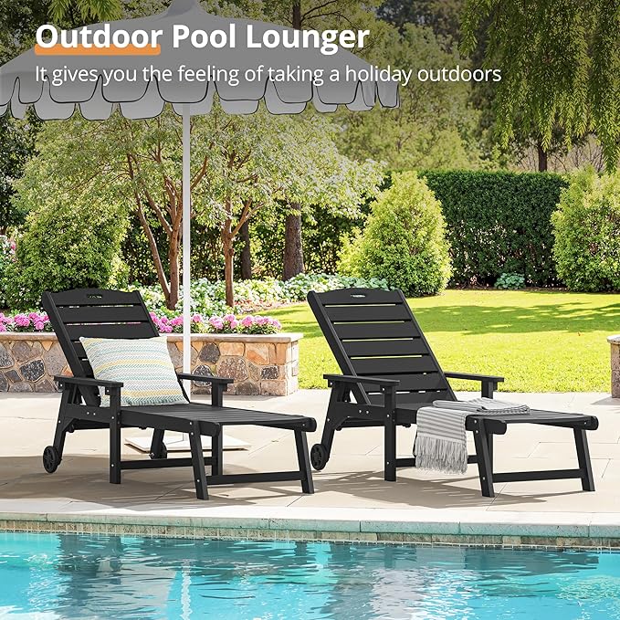 LUE BONA Outdoor Chaise Lounge, HDPS Chaise Lounger, 5 Positions Adjustable Lounge Chairs, Pool Lounge Chair with Wheels for Poolside, Backyard, Black LUEBONA