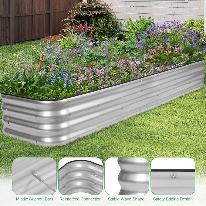 1MORE Raised Garden Bed -8X2X1 Galvanized Planter Box for Outdoor Gardening,5 in 1 Modular Raised Bed Kit with Protective Tape, Gloves for Herb,Ideal for Vegetables and Plants.Sliver-2pack 1MORE