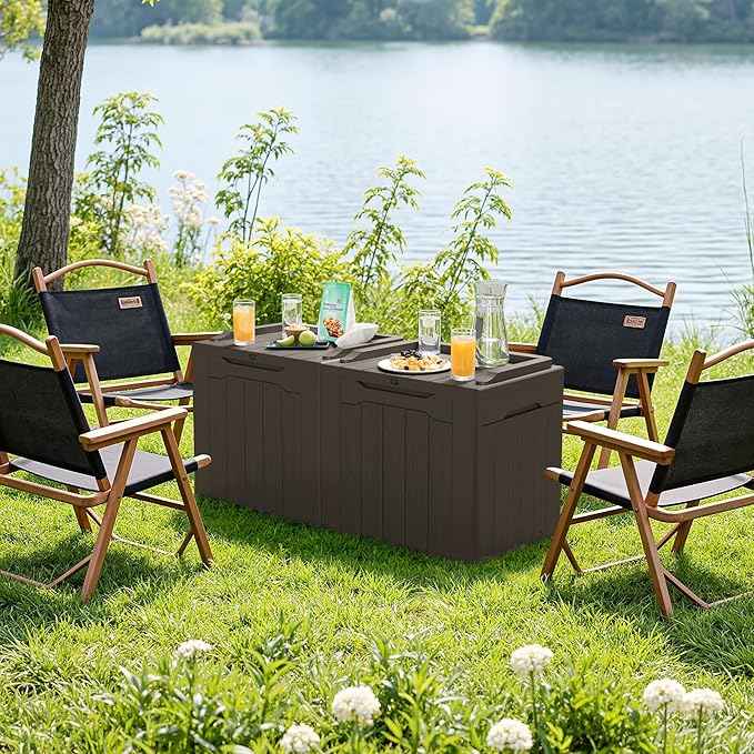 JUMMICO 31 Gallon Resin Deck Box Waterproof Indoor Outdoor Storage Boxes for Patio Furniture Cushions and Garden Tools (Brown, 31gallon-2 Packs)