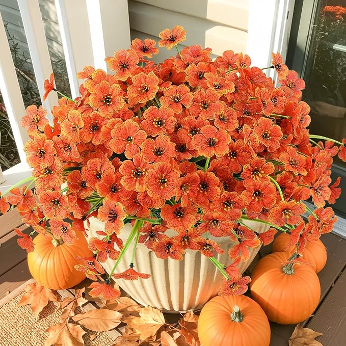 MACTING Artificial Fall Flowers for Outdoors 12 Bundles Faux Mums Plants Fake Silk Outdoor Flowers UV Resistant No Fade for Planters Front Door Porch Patio Outside Thanksgiving Autumn Decor,Orange MACTING
