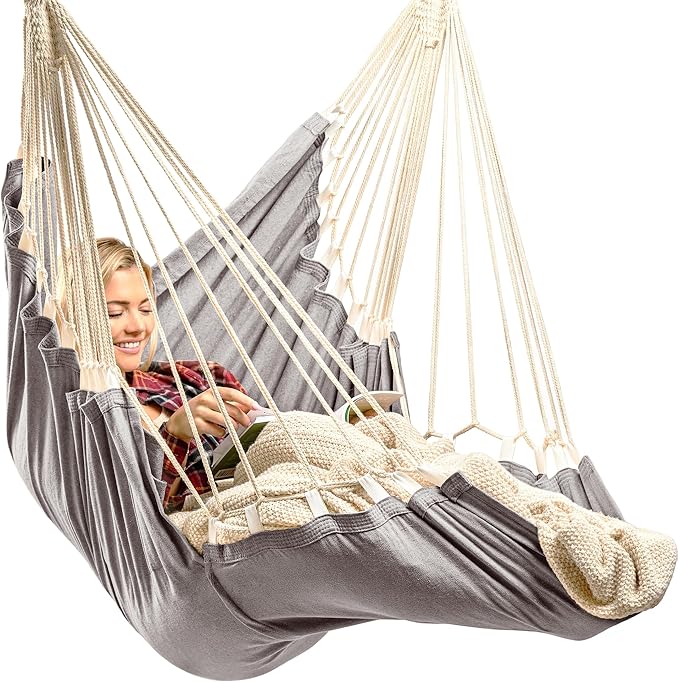 Hanging Hammock Chair Swing - Hammock Swing Chair with Foot Rest - Indoor/Outdoor Hanging Chair - Quick & Easy Setup with Durable Hardware – Spacious Full Body Support – Holds 440 Lbs EXTIRIO