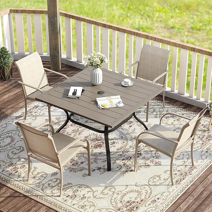 VICLLAX 5 Pieces Patio Dining Set, Outdoor Furniture Set Includes 37.8" Square Outdoor Table and 4 Stackable Patio Sling Chairs, Grey Wood-Like Tabletop and Sandshell Color Fabric HOME