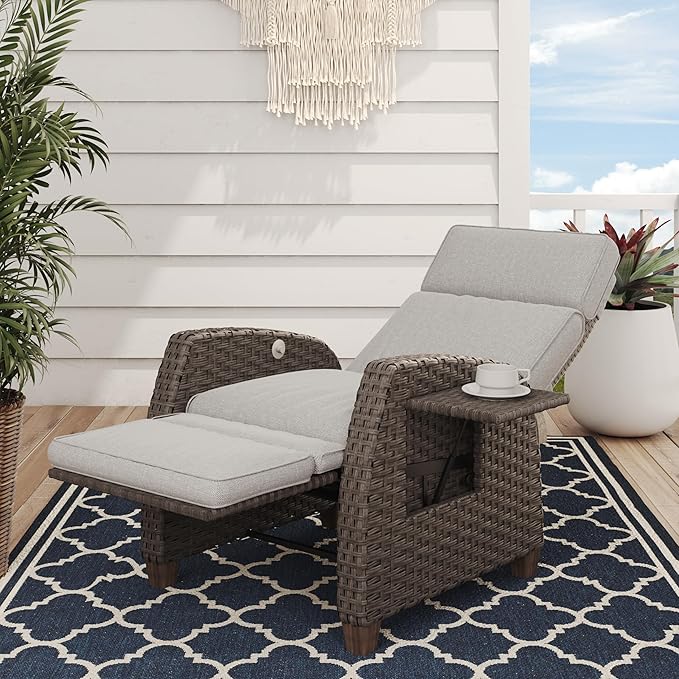 Grand patio Indoor & Outdoor Recliner Chair PE Wicker Patio Recliner with Flip Table Reclining Lounge Chair, Mist Grey GrandPatio