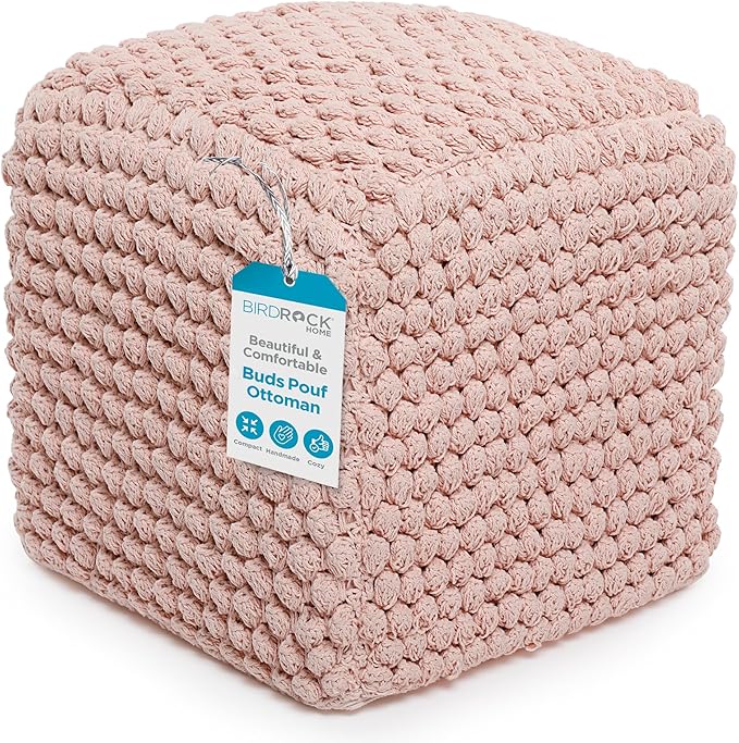 BIRDROCK HOME Buds Pouf Foot Stool Ottoman - Knit Bean Bag Floor Chair - Cotton Braided Cord - Great for The Living Room, Bedroom and Kids Room - Small Furniture (Dusty Rose - Buds) BIRDROCKHOME