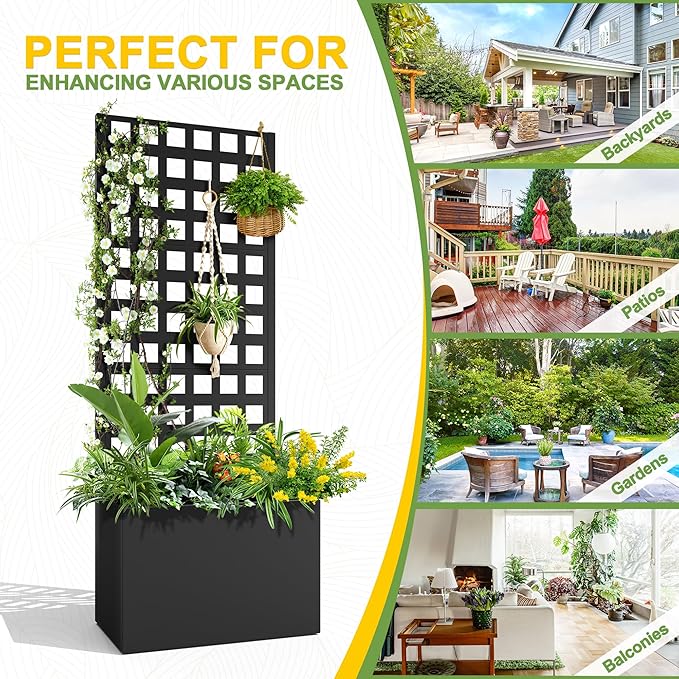 FENCY Metal Planter Box with Trellis, Planter Trellis for Climbing Plants Vegetable Vines, Trellis with Planter Box & Privacy Screen, Raised Garden Bed with Drainage Holes (23.6" L x 63" H/Lattice) FENCY