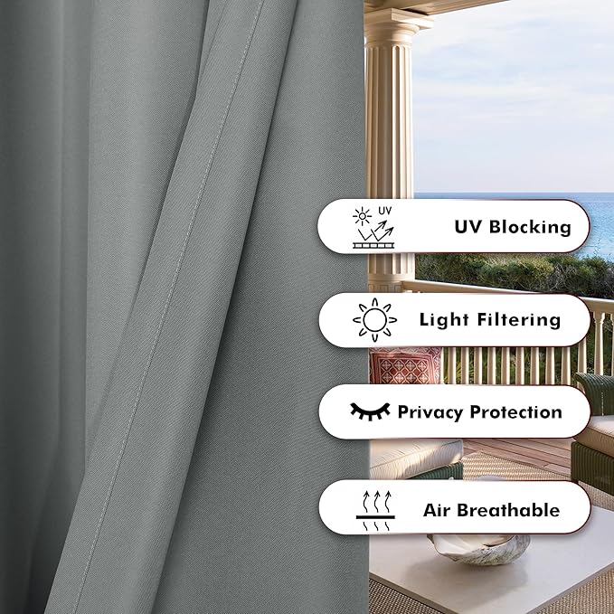 BONZER Waterproof Outdoor Curtains for Patio Porch Pergola Cabana Light Filtering Privacy Grommet Indoor Curtain Panels for Bedroom Living Room, 1 Panel, 54W x 84L inch, Grey Bonzer