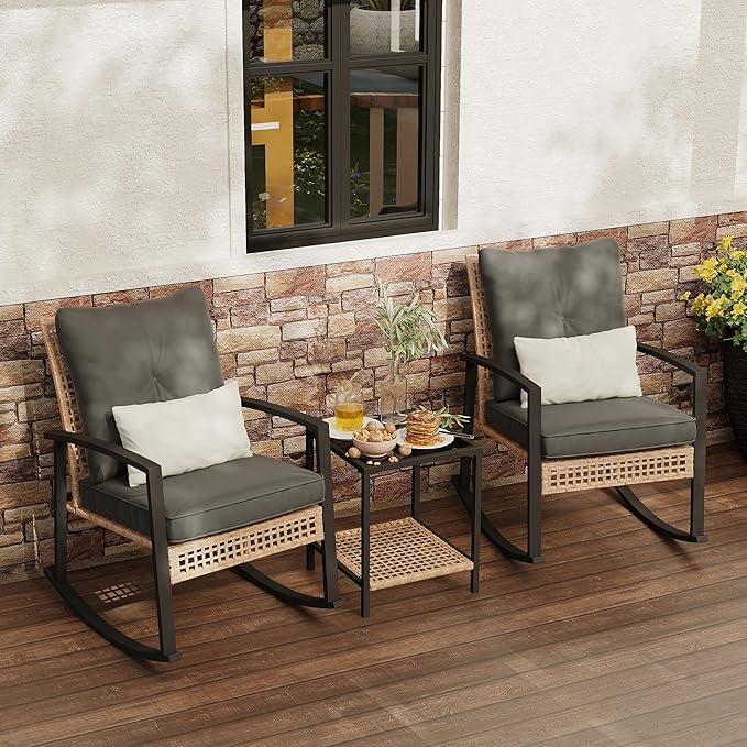 3 Piece Patio Rocking Chairs Set of 2, Outdoor Rocking Chair Bistro Set with Tempered Glass Coffee Table and Thick Lumbar Pillow Set, Front Porch Chairs for Garden, Backyard (Gray Cushion) Rotihom