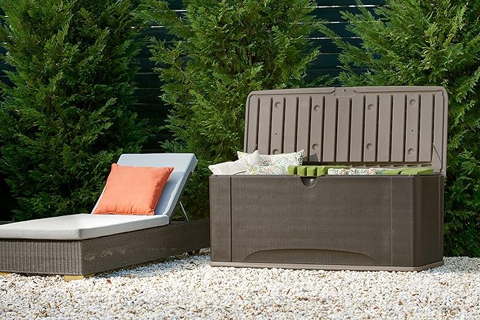 Rubbermaid Extra Large Resin Outdoor Storage Deck Box with Seat (120 Gal), Weather Resistant, Brown, Deck Organization for Home/Backyard/Pool Chemicals/Toys/Garden Tools/Porch/Patio Cushions Rubbermaid