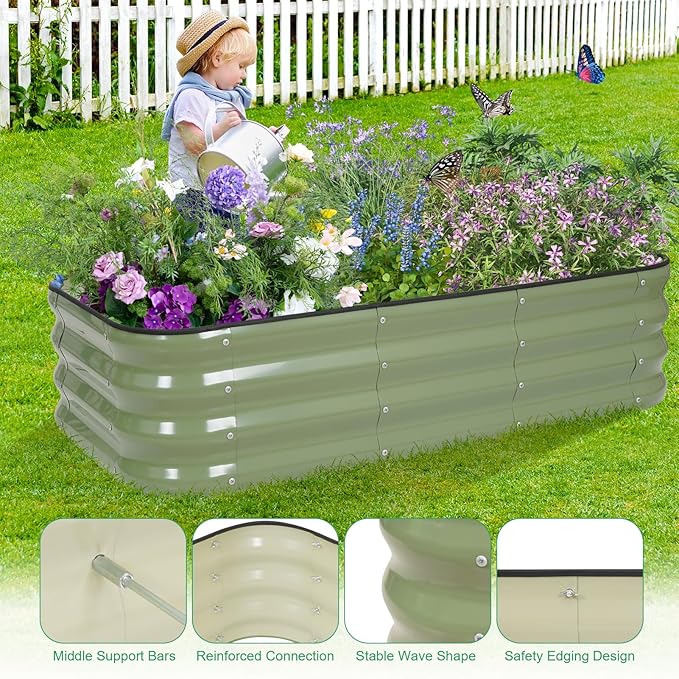 1MORE Raised Garden Bed -4X2X1 Galvanized Planter Box for Outdoor Gardening,3 in 1 Modular Raised Bed Kit with Protective Tape, Gloves for Herb，Ideal for Vegetables and Plants.Green-1Pcak 1MORE