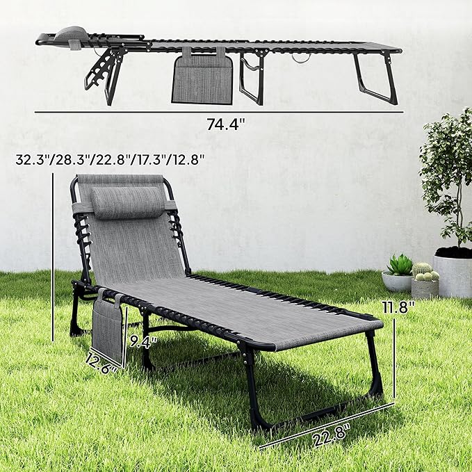Outsunny Chaise Lounge Chair Outdoor, 5-Position Adjustable Sun Tanning Chair with Carrying Handle and Side Pocket, Folding Bed Cot with Removable Pillow for Garden, Beach, Patio, Pool, Camp, Gray Outsunny