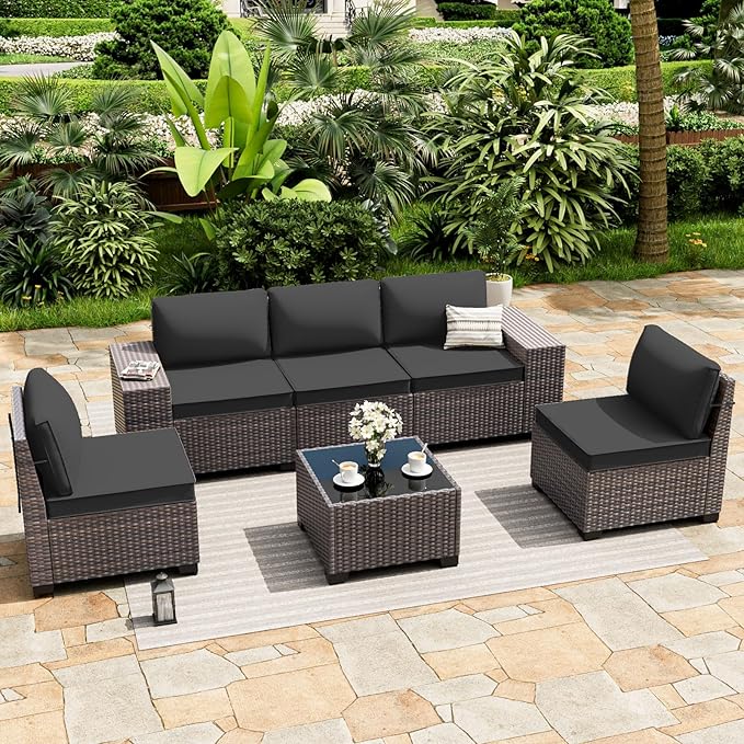 ALAULM 6 Pieces Patio Furniture Set, Oversized Seat/Armrest and High Back Wicker Sectional Furniture Set with Thick Cushion for Backyard, Garden, Black ALAULM