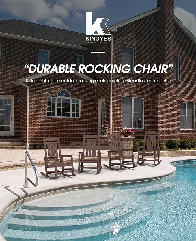 KINGYES HDPE Rocking Chairs Outdoor, Patio Rocking Chairs with 330lbs Support, Smooth Porch Rocker for Deck Lawn Yard, Coffee Brown KINGYES