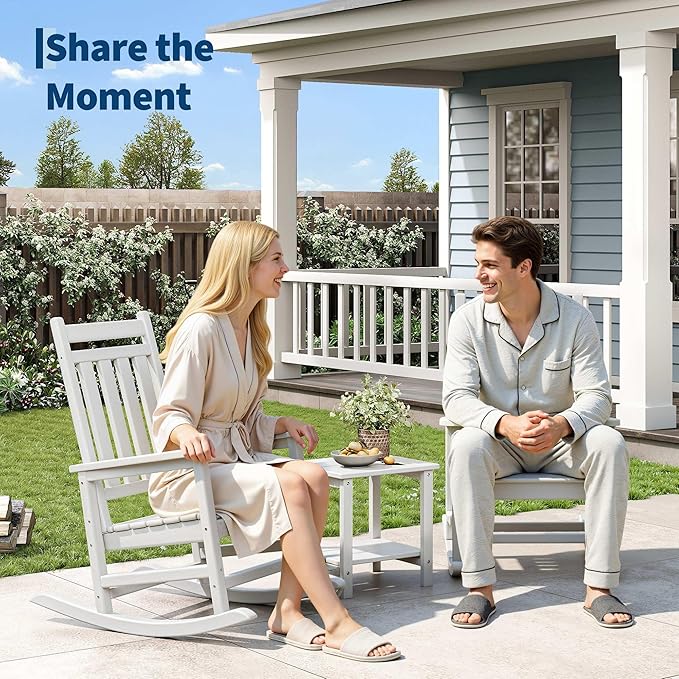 HDPE Rocking Chair Outdoor Set of 4 - Poly High Back Porch Rocker Chairs for Adults - All Weather Resistant Furniture for Patio Front Porch - White Garvee