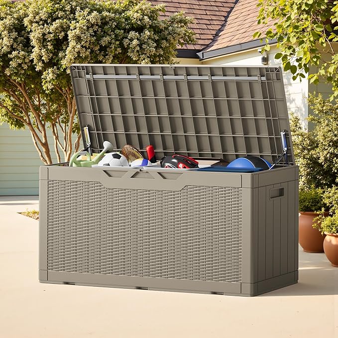 Greesum Outdoor Storage Box 100 Gallon Storage Bin with Lid for Patio Furniture, Garden Tools, Pool Supplies, Lockable, Waterproof and UV Resistant, Light Coffee BuynowfromGreesum