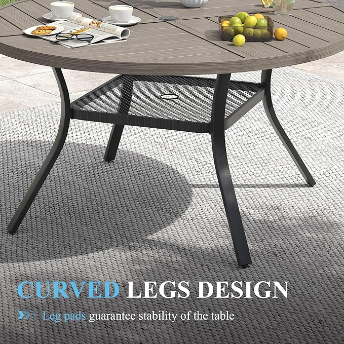 VICLLAX Patio Table and Chair Set of 6, All Weather Metal Round Outdoor Dining Furniture Set-47 Round Outdoor Table and Chairs, Grey Wood Grain Tabletop HOME