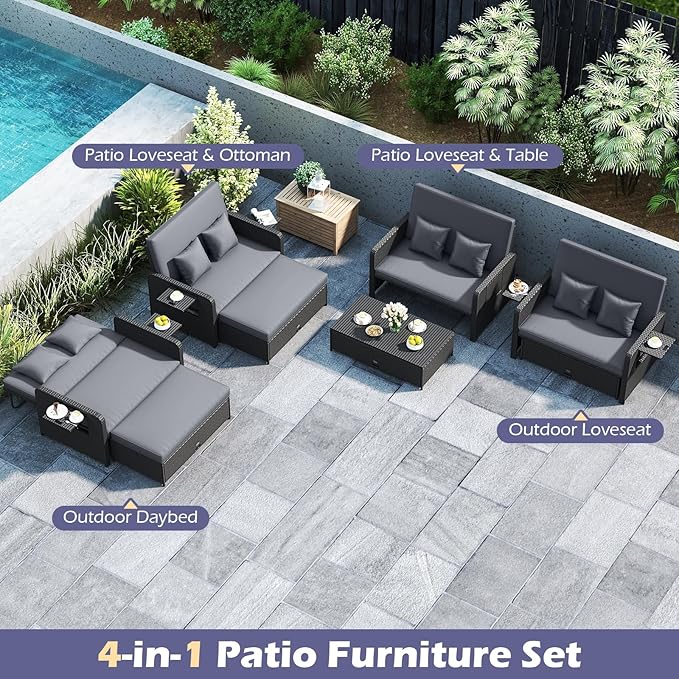 Tangkula Patio Rattan Daybed with 4-Level Adjustable Backrest, Outdoor PE Wicker Loveseat with Storage Ottoman & Folding Side Tray, Double Sunbed Lounger for Balcony, Backyard & Poolside (Grey) TANGKULA