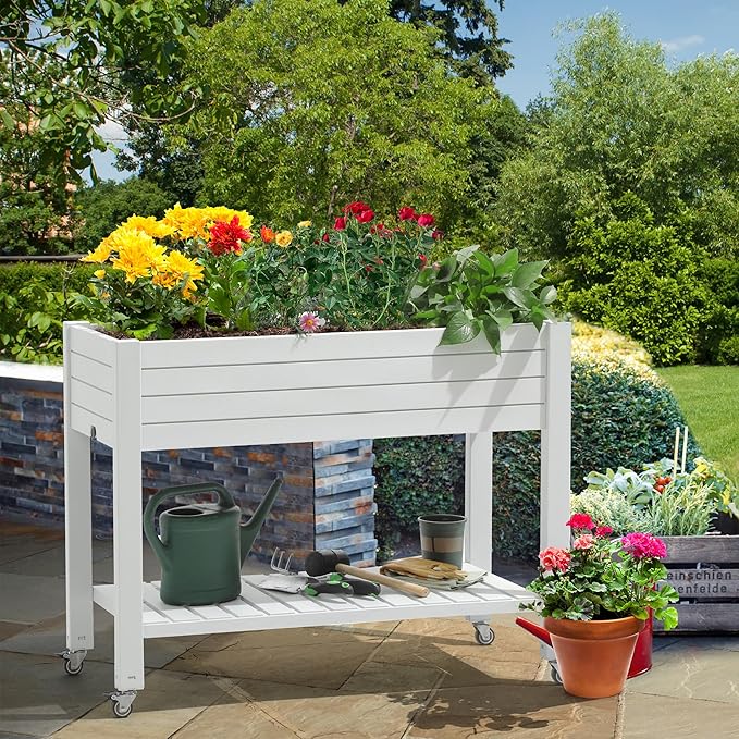 YITAHOME 43.3x17.7x34 in Elevated Garden Bed 2pcs, Outdoor Plastic Planter Box with Wheels, Legs, Drain Plug, and Storage Shelf for Plants, Vegetables, Flowers, Herbs, Grayish-White YITAHOME
