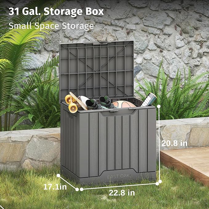 EAST OAK Outdoor Storage Box | 31 Gallon Deck Box Indoor and Outdoor Use | Waterproof Resin Storage Bin with Latch for Patio Cushions, Gardening Tools | UV Resistant | Deep Grey EASTOAK