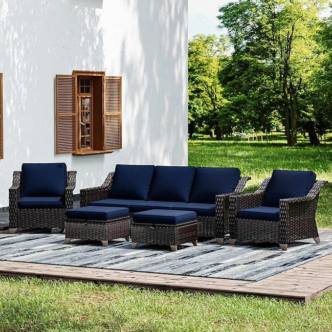 Joyside Wicker Patio Furniture Sets, 5 Pieces Upgraded Large Size Outdoor Furniture with Patio Dining Chairs, 3-Seat Sofa and Outdoor Ottoman, Thick Cushions, Wide Armrest Joyside