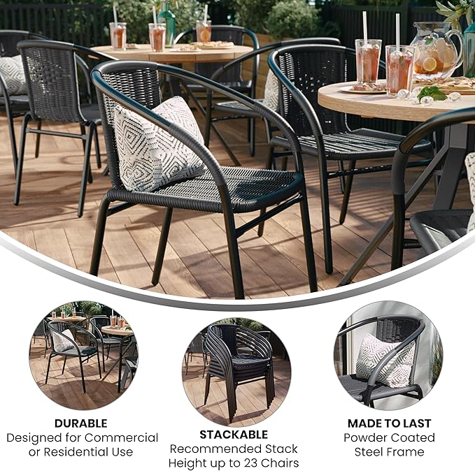 Flash Furniture Lila Modern Rattan Indoor/Outdoor Stackable Dining Chairs, Stacking Rattan Bistro Chairs for Patio or Restaurant, Set of 4, Gray FlashFurniture