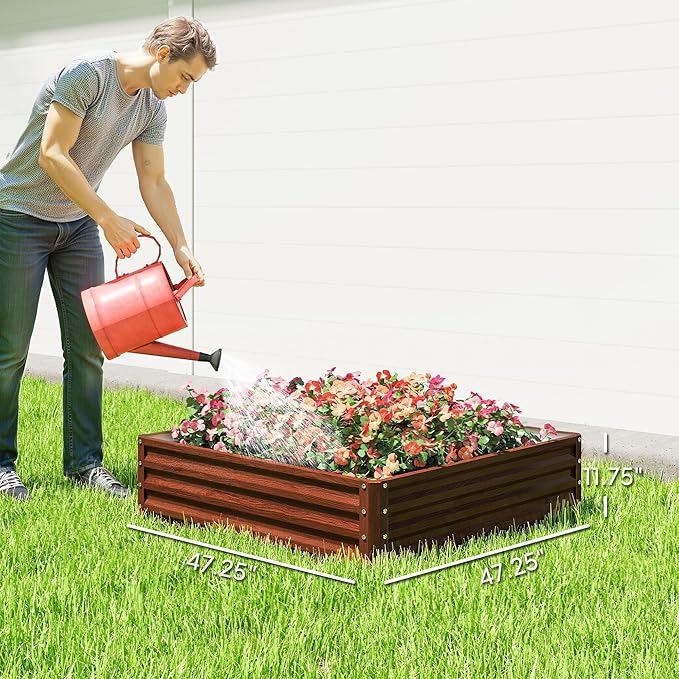 Outsunny Galvanized Raised Garden Bed, 4' x 4' x 1' Metal Planter Box, for Growing Vegetables, Flowers, Herbs, Succulents, Natural Wood Outsunny