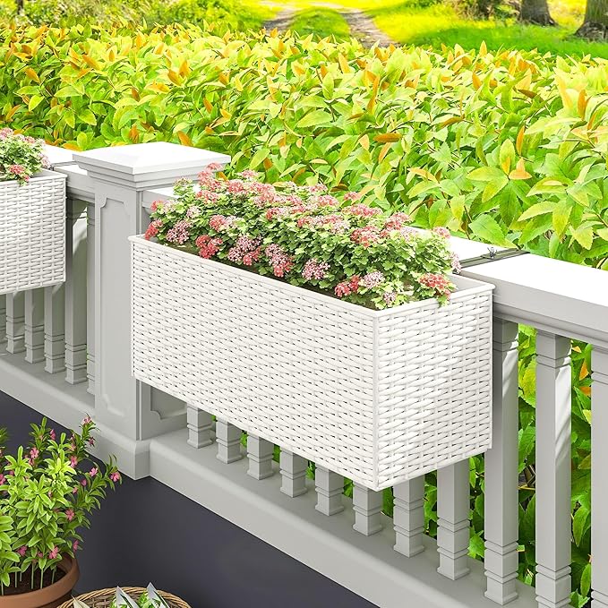 Outsunny Railing Planter Box (2 Pack, 20 Inch), Hanging Flower Pots with Hooks, Drainage Holes for Fence, Balcony, Garden, Patio, Rattan Look, White Outsunny