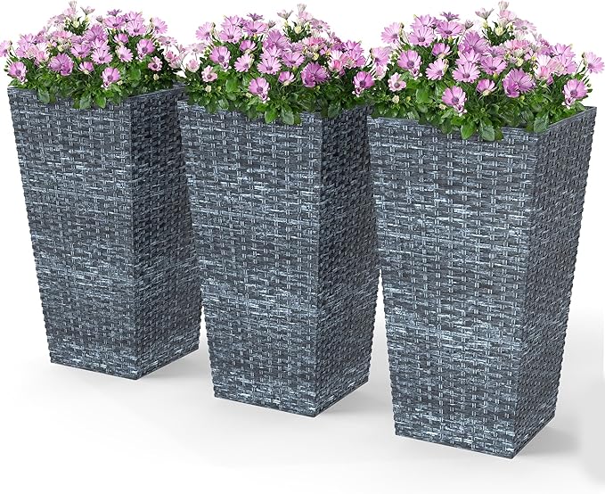 Outsunny Tall Planters for Outdoor Plants Set of 3, 24 in Taper Planters with Drainage Holes, Rattan Decor Plant Pots for Indoor Outdoor Front Porch Patio Backyard, Gray Outsunny