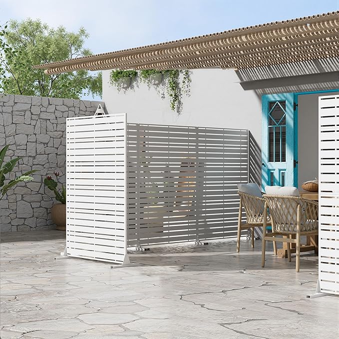 Casaphoria 72" H x 47" W Metal Privacy Screen, Outdoor Freestanding Decorative Divider for Patio, Deck, Balcony, and Garden with Stable Base, White-Adams Casaphoria