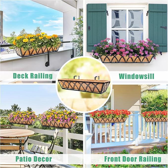 24in 4pcs Planter Box with Coco Liner, Rust-Resistant Metal Frame, Drainage Hole, Indoor/Outdoor Use, Black Finish LAWYAMAI