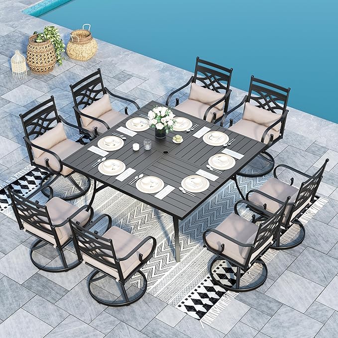 Sophia & William Patio Table and Chairs Set 9 Piece, 8 Swivel Chairs with Removable Cushion and 60" Large Square Outdoor Dining Table, Perfect for Garden, Lawn, Yard SophiaWilliam