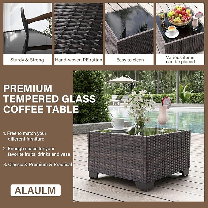 ALAULM Patio Furniture Set with Coffee Table, 7 Pieces Outdoor Sectional with Wide Seat and Thick Cushion, All Weather Wicker Rattan Conversation Set for Backyard, Garden, Deck, Turquoise ALAULM