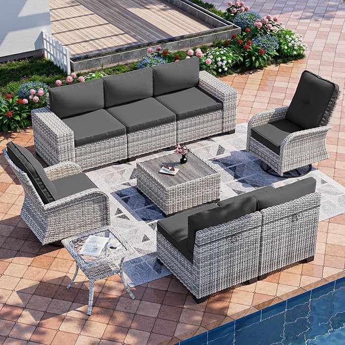 9-Piece Outdoor Patio Furniture Set with Rocking Swivel Chair Wicker Sectional Sofa Set, Patio Conversation Set with Thickened Cushions & Coffee Table for Garden, Backyard, Dark Grey MuphyersPatioFurniture