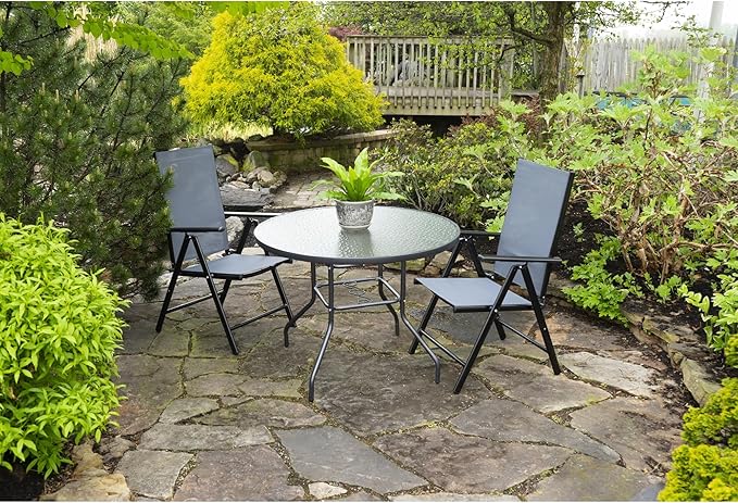 Garden Elements Outdoor Patio Furniture, Round Dining Table, Steel Base and Rim with Water-Wave Glass Top, Grey, 40" GardenElements