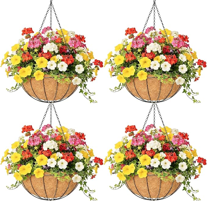 4 Pack 12 Inch Hanging Baskets for Plants Outdoor Metal Hanging Planter Hanging Flower Baskets with Coco Fiber Liners Chain Round Wire Plant Holder Hangings Flower Pots(Watermelon) Qusuxi