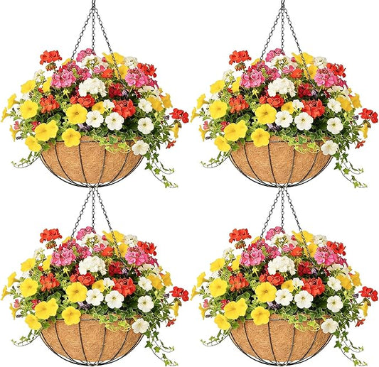 4 Pack 12 Inch Hanging Baskets for Plants Outdoor Metal Hanging Planter Hanging Flower Baskets with Coco Fiber Liners Chain Round Wire Plant Holder Hangings Flower Pots(Watermelon) Qusuxi