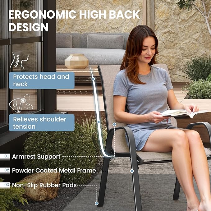 Patio Dining Chairs Set of 2, Outdoor Stackable Chairs, Breathable Seat and Alloy Steel Frame Fit for Backyard,Garden,Porch, Lawn，Poolside (Light Brown) VonzoyHome