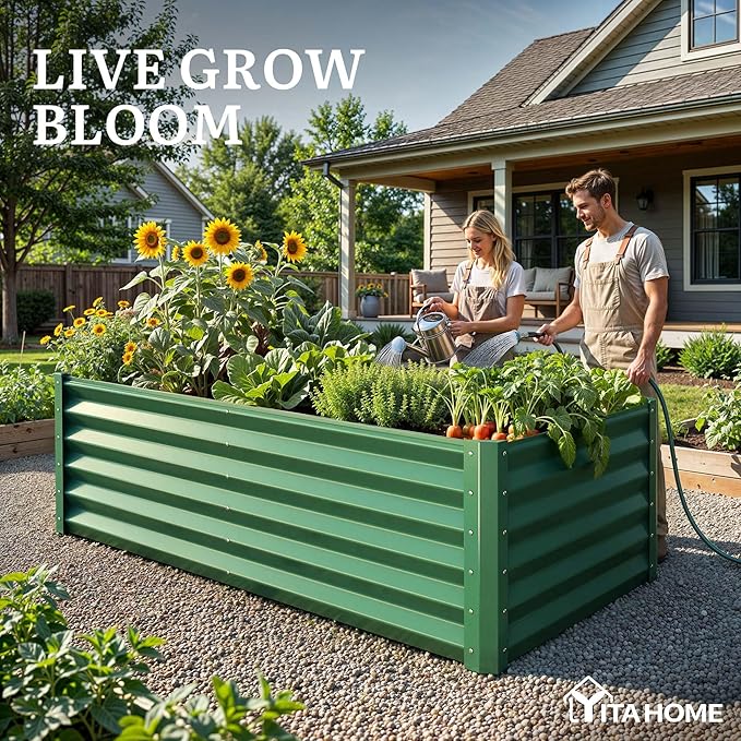 YITAHOME 6x3x3ft Large Raised Garden Bed Kit, Galvanized Metal Planter Box with Gloves, Support Rod, Outdoor Above Ground Planters for Plants Vegetables Flowers, Green YITAHOME