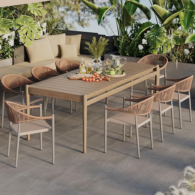 8 Pcs Stackable Patio Dining Chairs, Aluminum Rattan Outdoor Dining Chair with Arms, Woven Rope Garden Armchair Metal No Assembly for Bistro Balcony Porch Deck Yard Cafe Restaurant, Light Brown Erotr